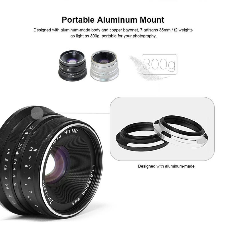 7artisans عدسة 7artisans 25mm F1.8 APS-C واسعة الزاوية بتركيز يدوي لكاميرات سوني E-mount مثل A7 A7II A7R A7RII A7S A7SII A6500 A6300 A6000 A5100 A5000 EX-3 NEX-3N NEX-3R NEX-F3K NEX-5 NEX-5N (أسود) - Image 4
